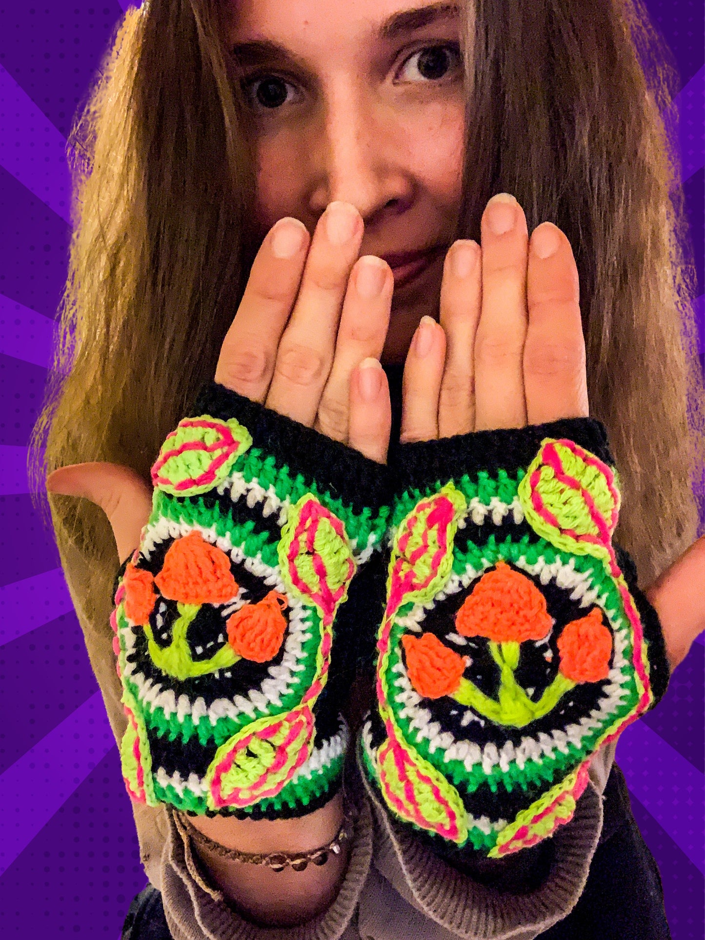 Crochet Magic Mushroom Fingerless Gloves - MADE TO ORDER